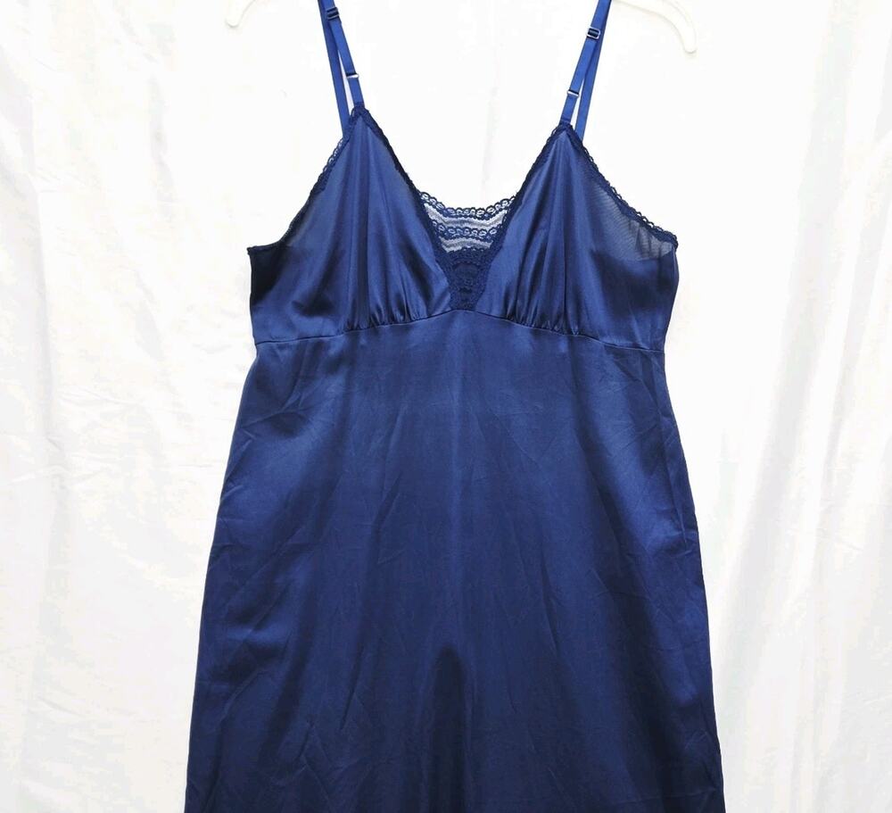 Vintage Navy Blue Satin & Lace Slip Dress Pin Up Glam Size 38 (M) Antron Nylon